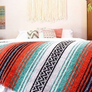 Boho Mexican Blanket Rip Tide Orange Aqua